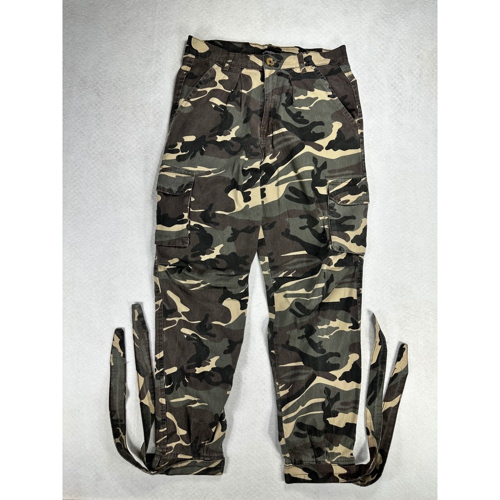 PrettyLittleThing Camo Cargo Pants Womens 8 Green Brown High Waist Tie Ankle Hem